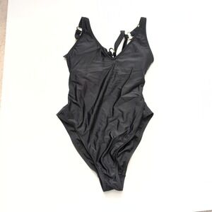NWT Uncommon Sense Black One Piece Swimsuit Gold Ring Detail Halter Neck Medium